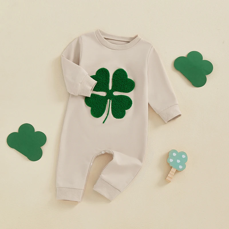 Día infantil de San Patricio con bordado de trébol y manga larga, cuello redondo y diseño de longitud completa para primavera