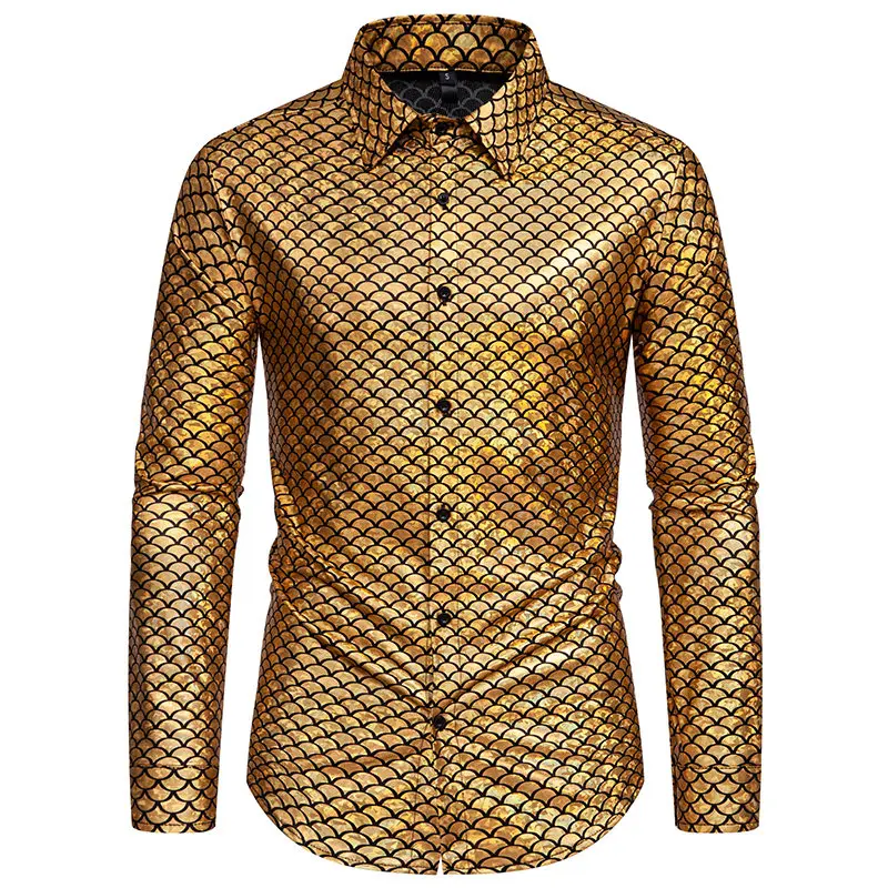 2024 New Glossy Fish Scales Green Mens Sequin Shirt Gold Bronzing Steampunk Nightclub Stage Party Dress Long Sleeve Top Men 