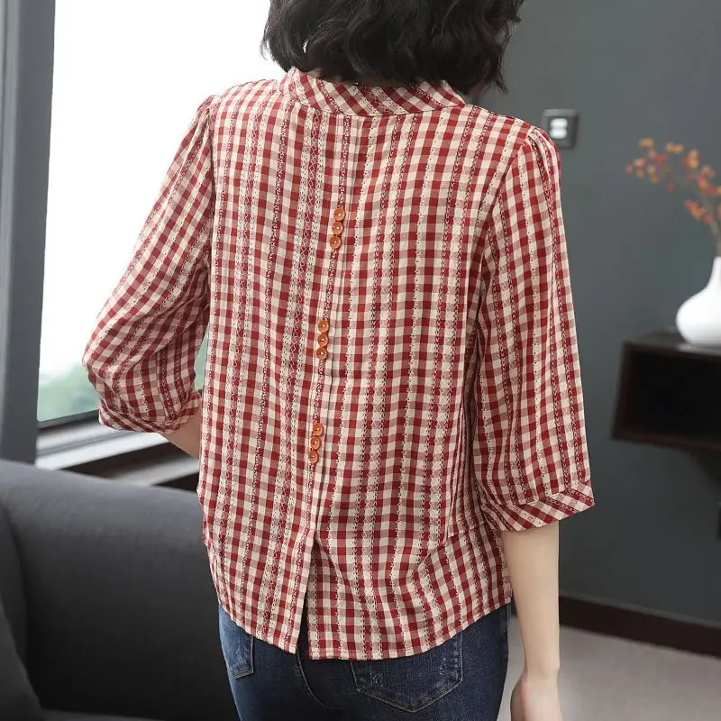 Vintage Plaid Printed Embroidery Hollow V-neck Half Sleeve Loose Tops Blouses for Women 2023 Summer Fashion Casual Button Shirts