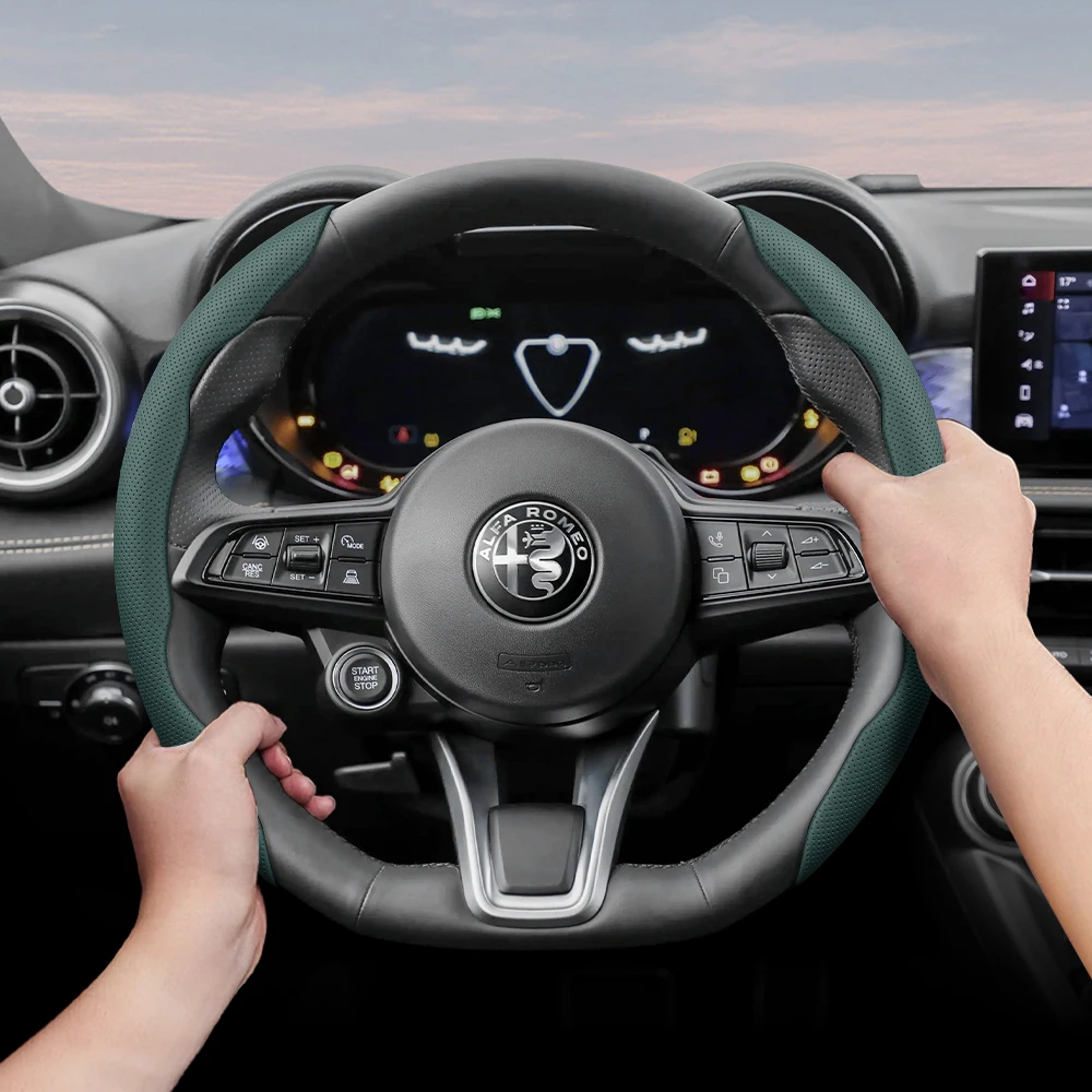 Suitable for Alfa Romeo Breathable Leather Steering Wheel Cover with Segmented Quick-Release Design, Non-Slip and Durable, Giulia 952 Stelvio 949 147 Mito Giulietta Tonale 965 Sprint 159 Quadrifoglio Black