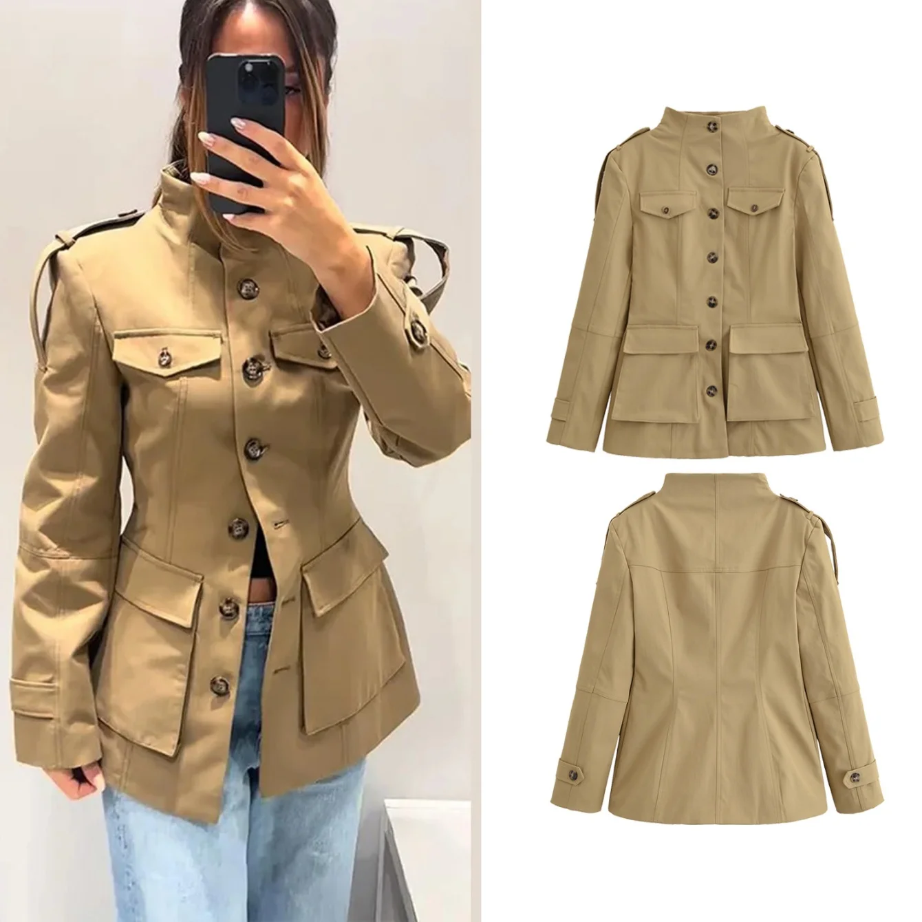 

Осенне-зимние женские куртки с воротником-стойкой и пуговицами, пальто цвета хаки с тонкой талией, женская винтажная верхняя одежда, топы с карманами, уличная одежда