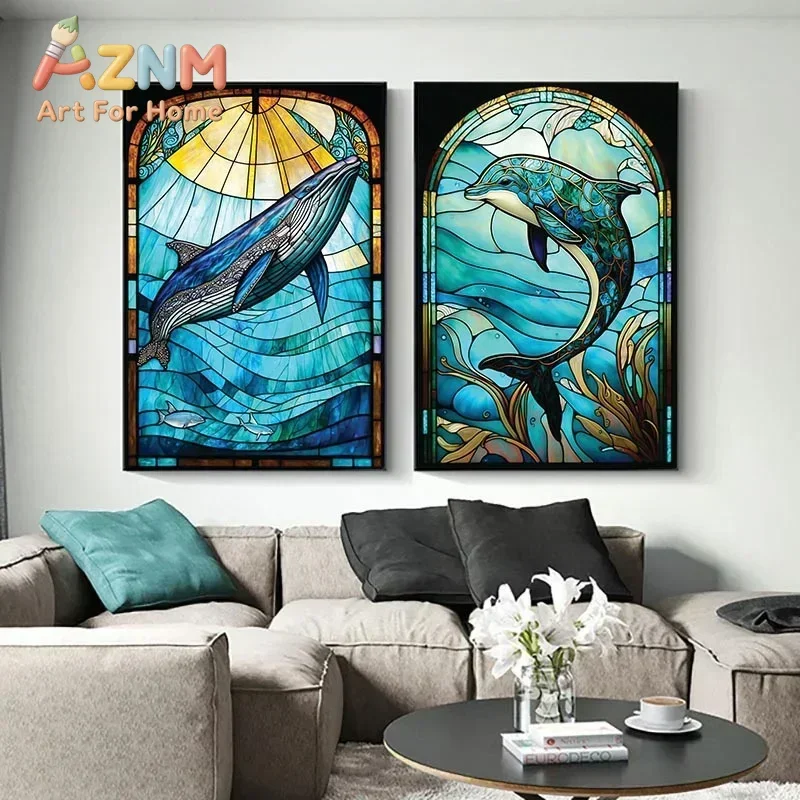Marine Animals Canvas Painting Dolphin Blue Whale Stained Glass Posters Prints Abstract Wall Art Pictures for Living Room Decor