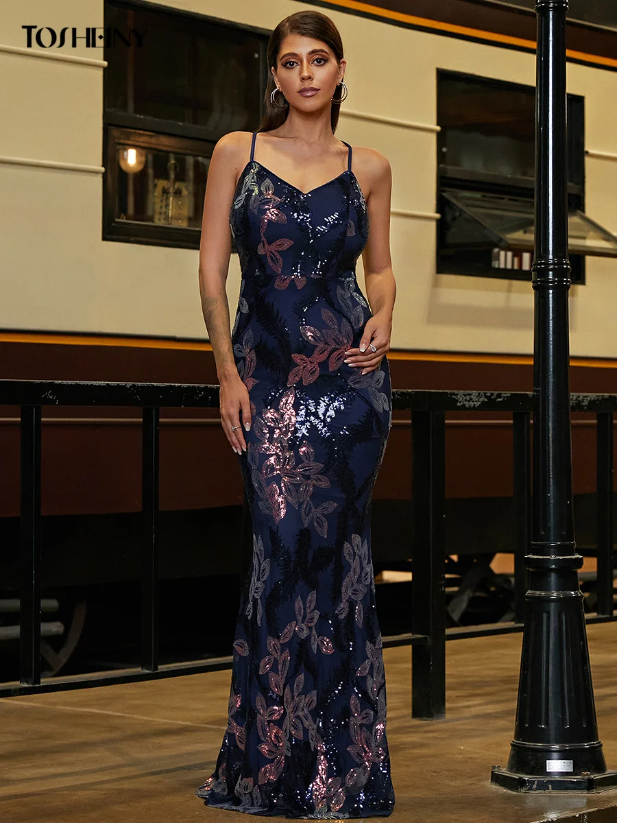 

Tosheiny Spaghetti Backless Sequin Mermaid Royal Blue Maxi Prom Dress Chic Elegant Woman Dress