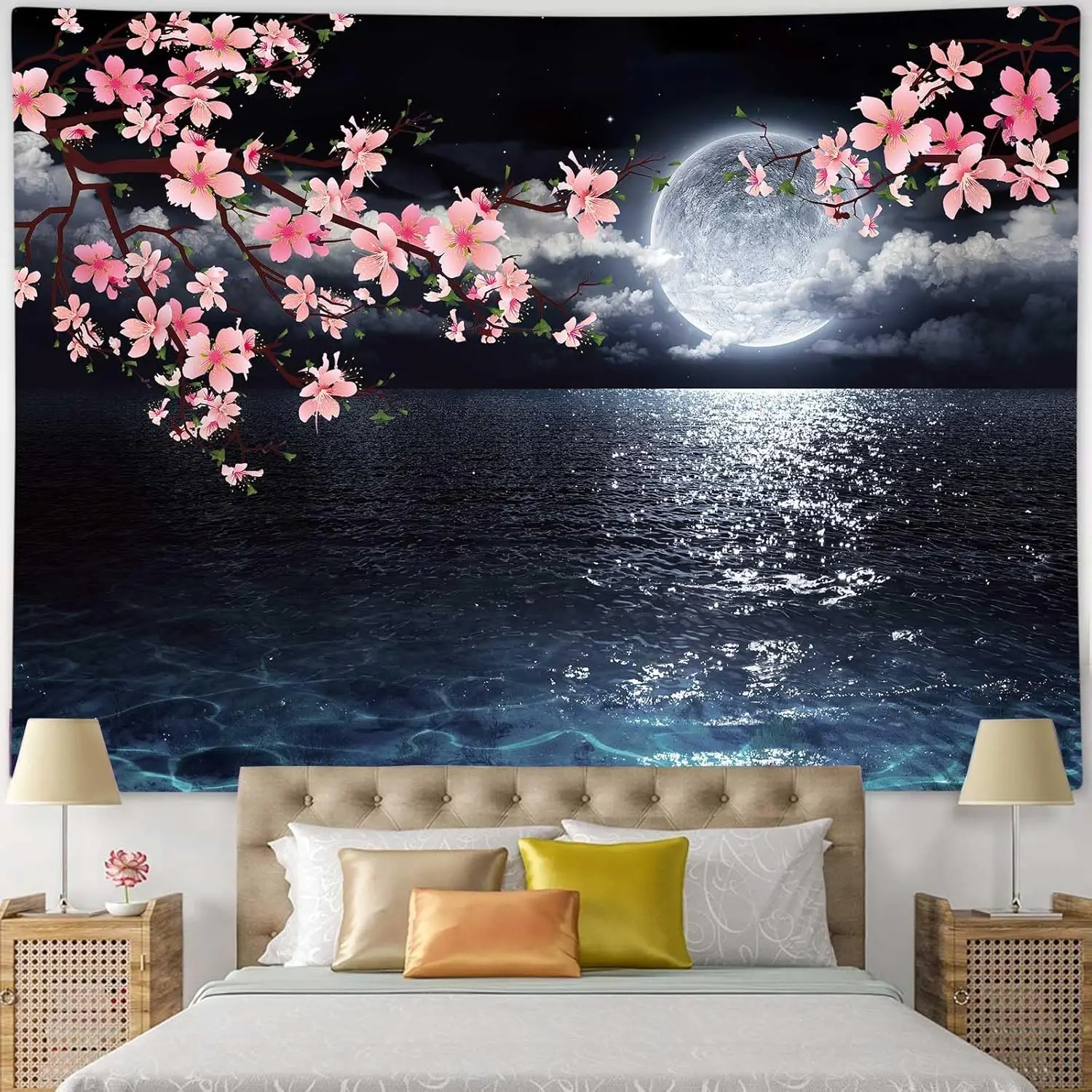 Aesthetic Cherry Blossom Sakura Moon Night Sky Tapestry Polyester Wall Hanging Decoration for Bedroom Living Room Home Decor