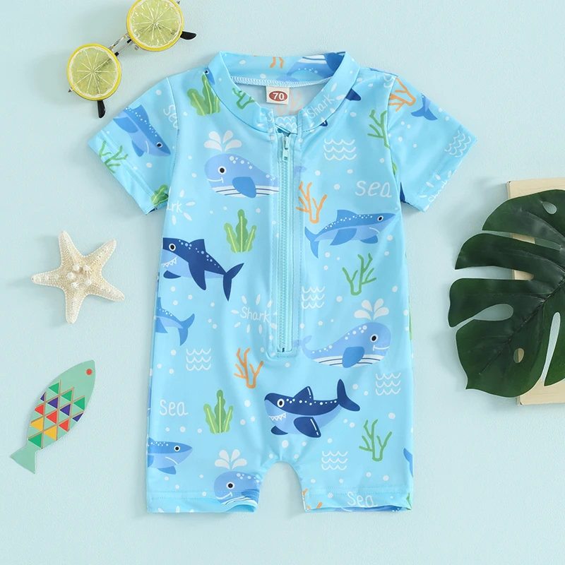 

Toddler Kids Baby Boys Rash Guard Swimsuits Cute Print Short Sleeve Zip Front Bathing Suits Swimwear Beachwear Holiday Clothes