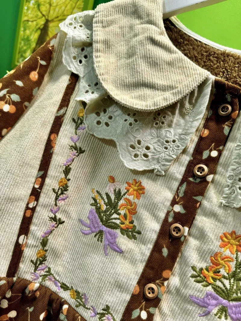 Camicetta di pizzo babydoll patchwork con ricamo in velluto a coste in pile femminile Camicetta invernale vintage Cottagecore Sweet Lolita Bohemian Hippie Top