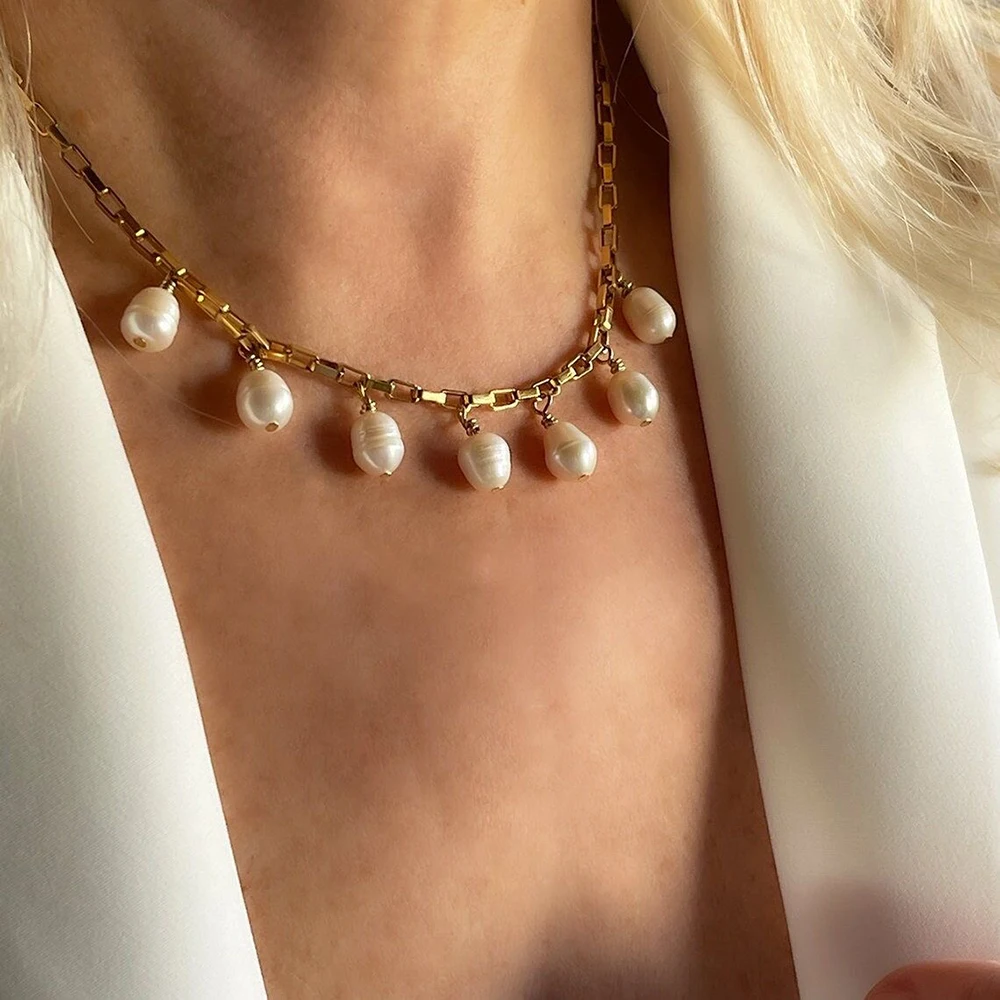 

KKBEAD 18K Gold Plated Chain Necklace With Natural Pearl Charm Minimalist Layered Jewelry Choker Bridal Gifts