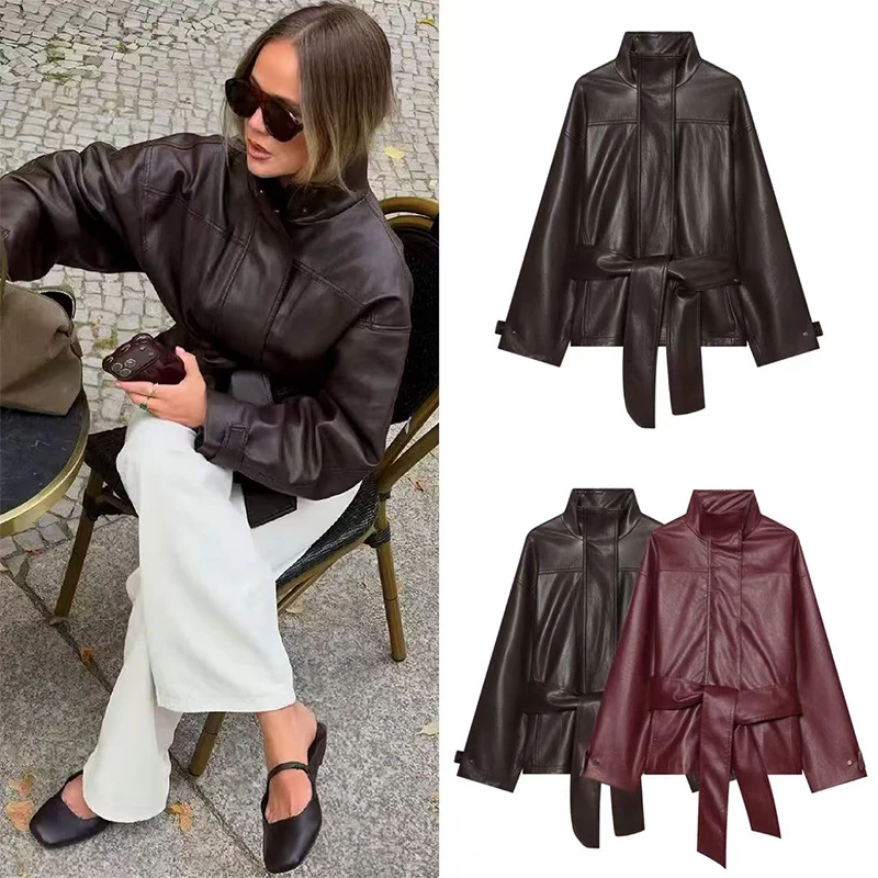 Guobioziy 2026 New Autumn Trendy Belted PU Leather Jacket Women Loose Fit Stand Collar Coat For Chic Street Fashion Look