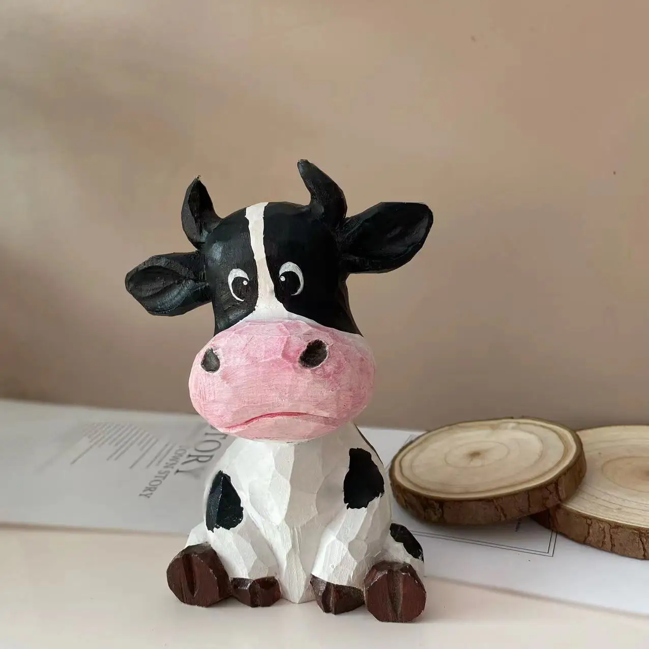 Hand Carved Wooden Cow Figurine Solid Wood Mini Tabletop Cute Rustic Zoo Souvenir Decor Gift For Home Office Collectors