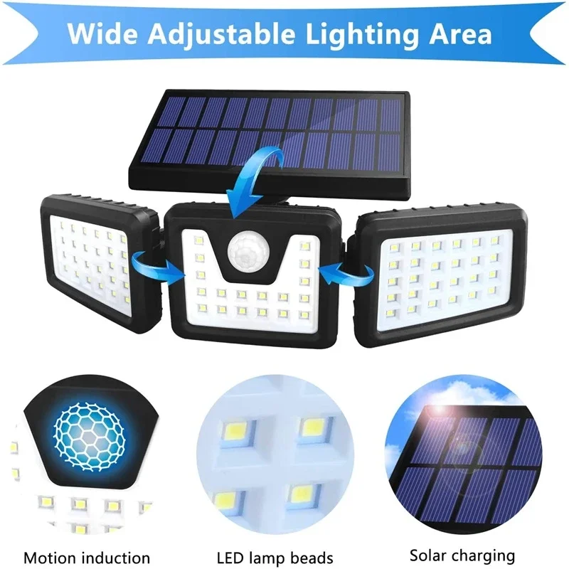 Lumières LED solaires intégrées à détection de corps humain, haute luminosité, lumières extérieures, cour rurale et municipale, 62 lumières