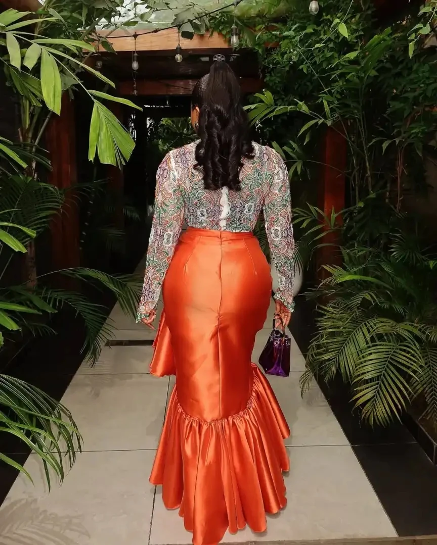 تنورة امرأة أنيقة بسحاب عالي الخصر بطول الأرض تنورة طويلة حورية البحر مع تنورة برتقالية ثنيات طراز جديد للسيدات