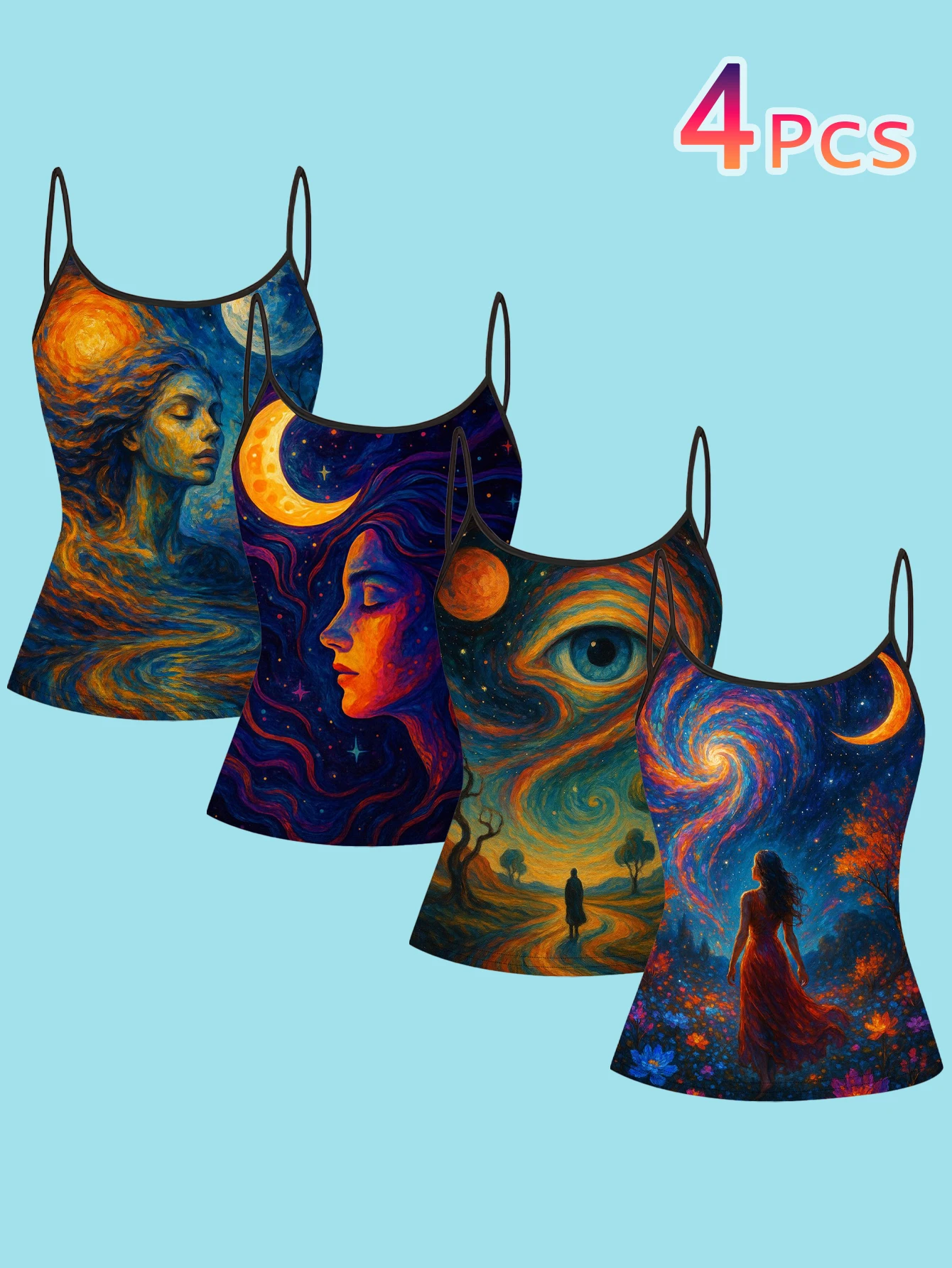 4-Piece Set of Women's Van Gogh Starry Night Style Oil Painting Print Camisole Tops with Sun, Moon, Face, All-Seeing Eye, and Starry Sky Designs, Slim-Fit Spaghetti Strap Inner Tops