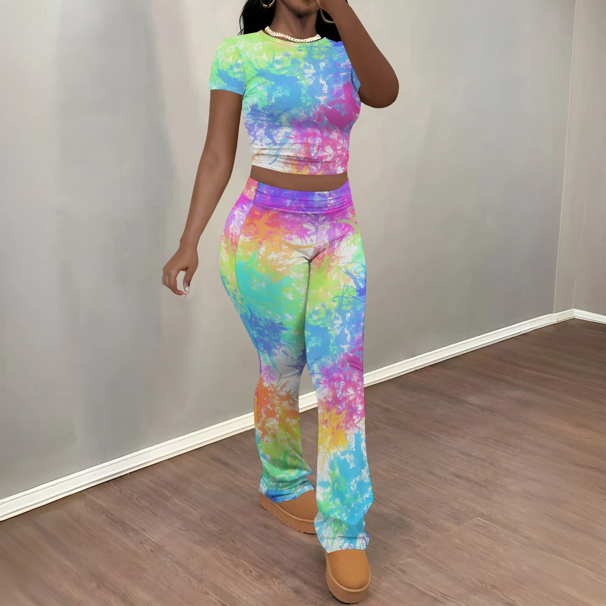 

Nupusa Rainbow Tie - Dye Print Two - Piece Set for Women Standard Size Summer Casual Crew Neck Short Sleeve Outfit