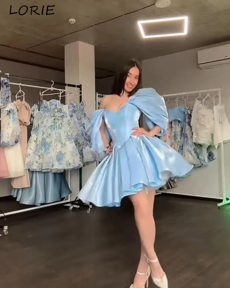 LORIE Mini Shiny Blue Evening Dress Sweetheart Ruffle A-line OFF Shoulder Princess Prom Dress Short Caocktail Dress Customized