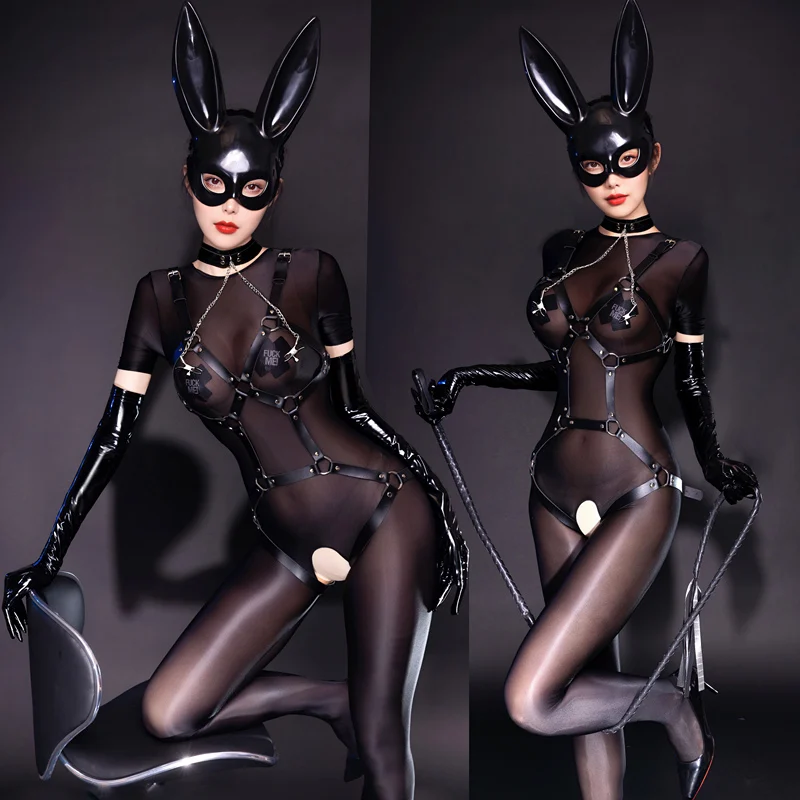 Hot New Sexy Lingerie Costume Uniform Black Temptation Transparent Backless SM Binding Props Nightclub Bunny Girl Dress Full Set