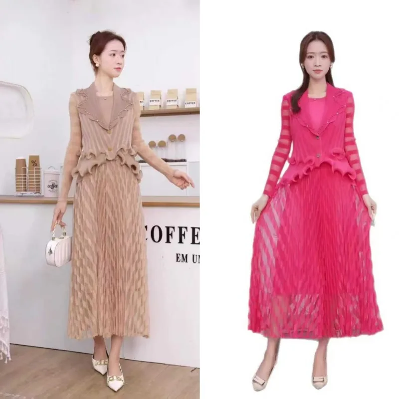 

Плиссированное платье Miyake, осень 202, новое высококачественное плиссированное вечернее платье, модное элегантное длинное платье с воротником костюма и 2 темперамента