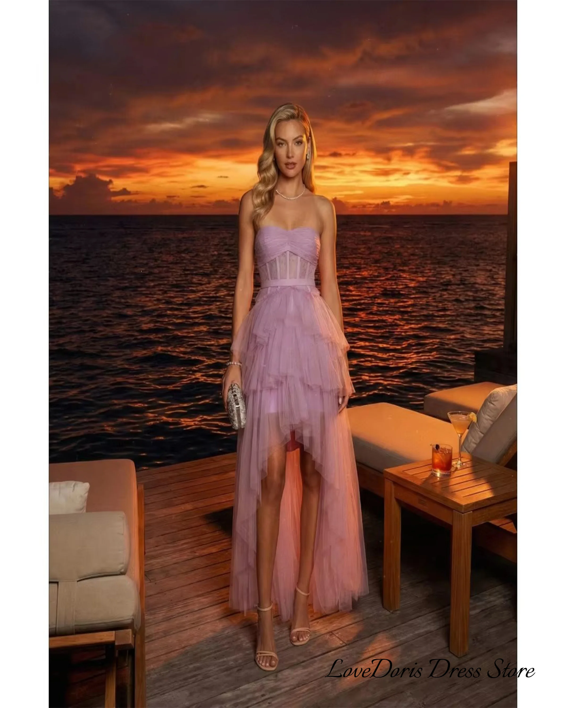 Customized Lavender High-Low Evening Dress Strapless Sweetheart Corset Tiered Tulle Floor Length Formal Party Gown  2026