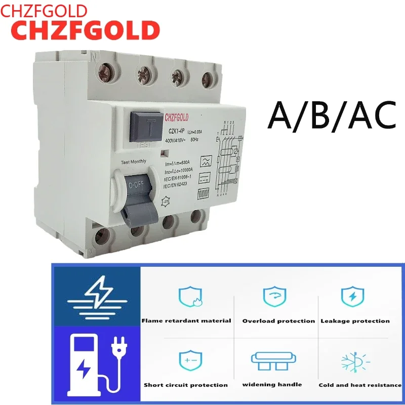 CHZFGOLD Type B Earth Leakage Circuit Breakers RCCB RCD Din Rail DC CZK6-100B 4P 40A 63A 30mA 10KA