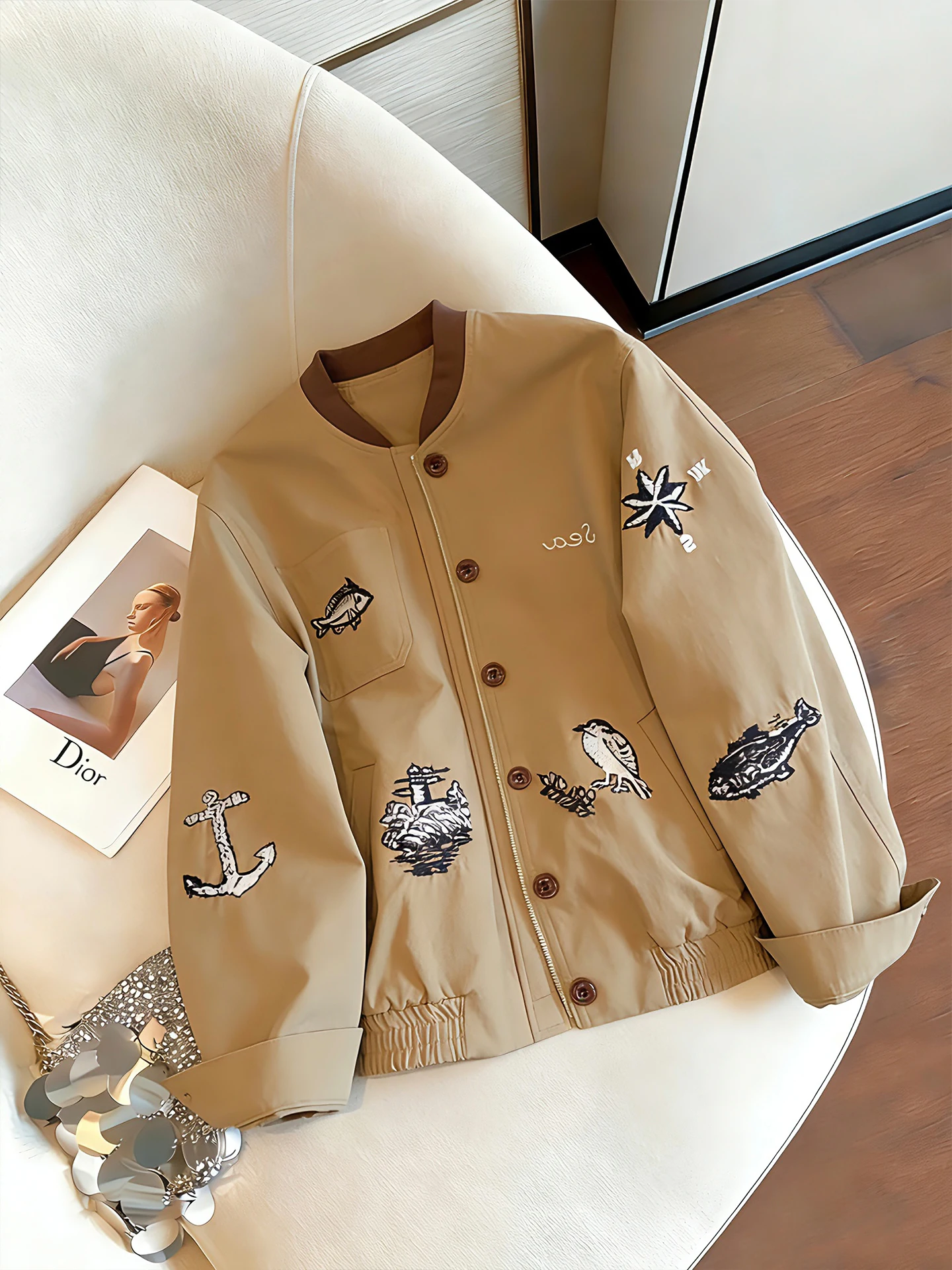 

Retro Embroidered Flaseball Jaet Women's Lazy Sle Korean System Spring Autumn Slimming Versatile Top Outerwear