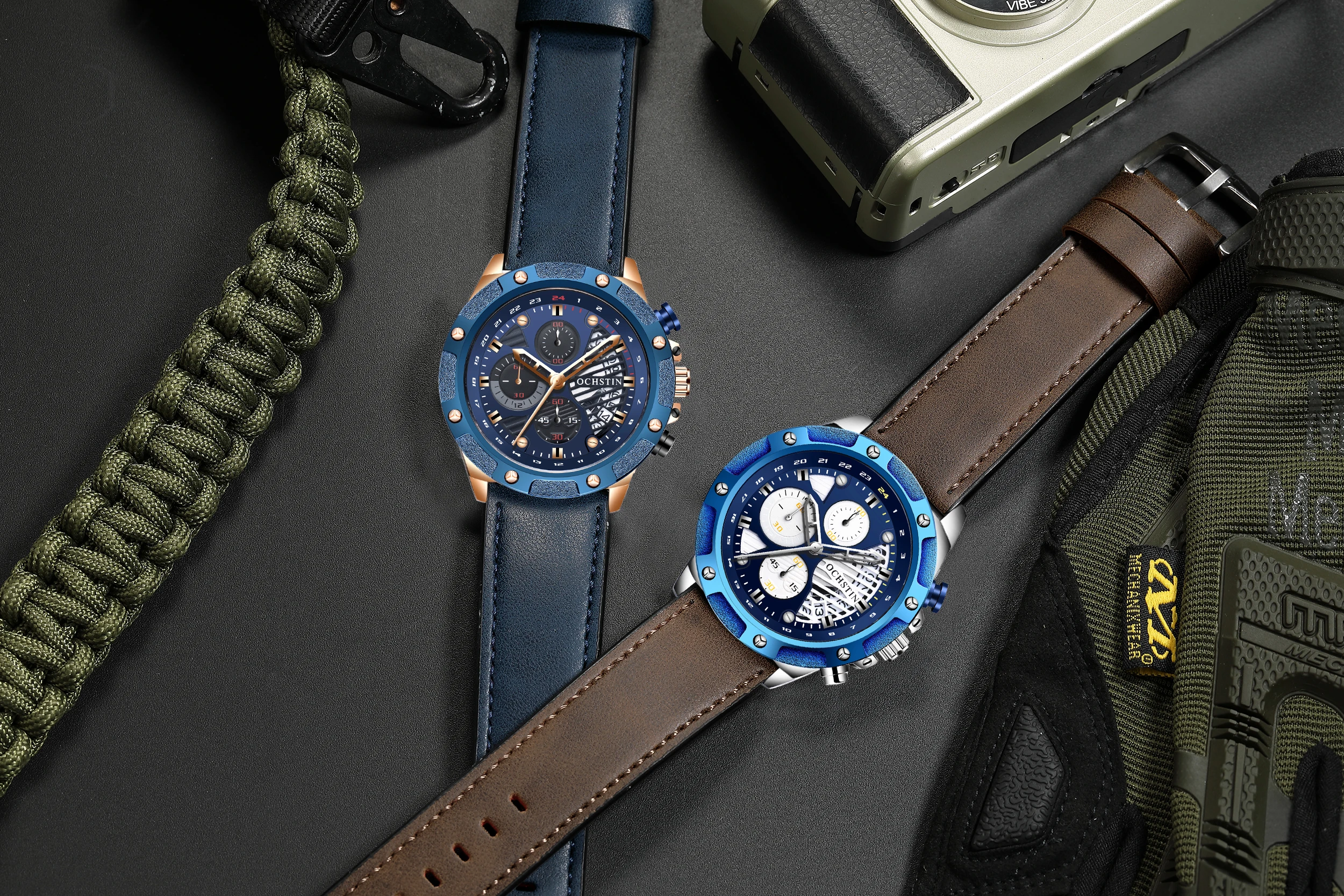 

OCHSTIN Новая распродажа, многофункциональные кварцевые часы, мужские наручные часы из натуральной кожи, мужские водонепроницаемые часы с полным календарем