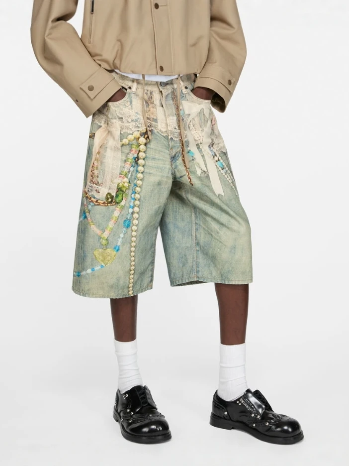 

Мужские летние трендовые шорты свободного кроя с жемчужной цепочкой и кружевным принтом, винтажные, с эффектом потертости, со средней посадкой, на хлопковой подкладке, брендовые