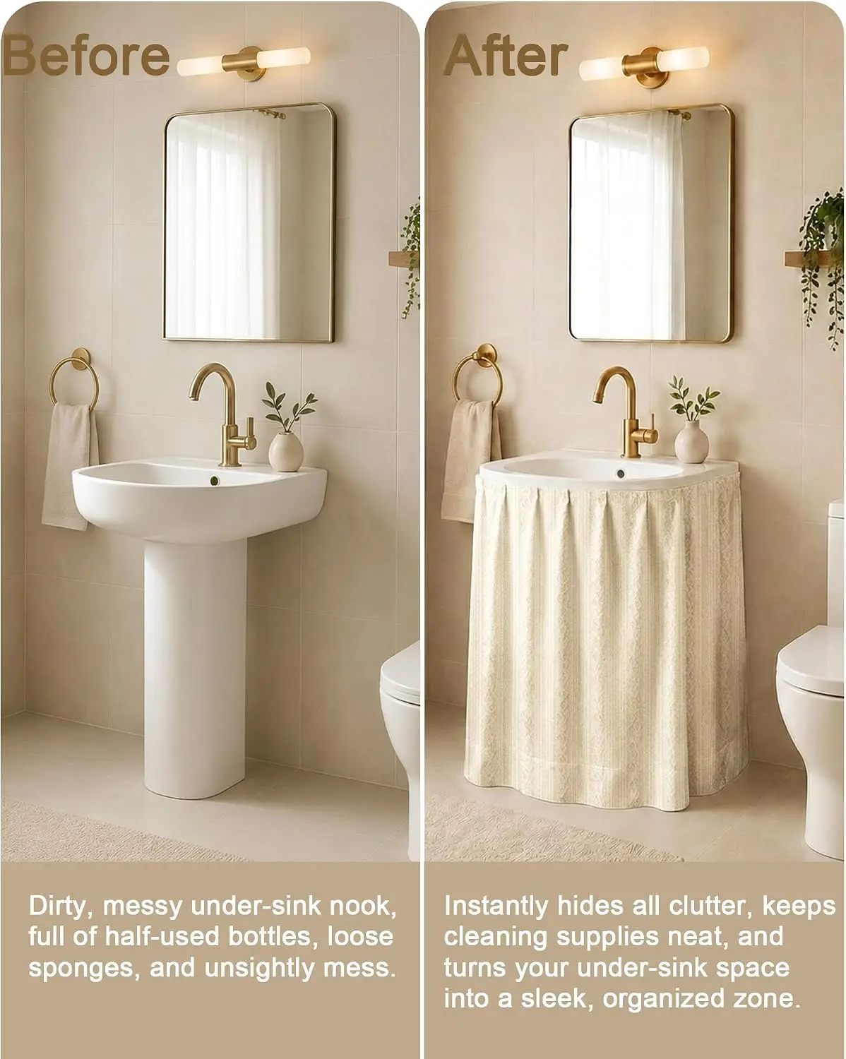 Fabric Sink Skirt, Self-Adhesive Waterproof Under Sink Curtain, Easy Install Decorative Vanity Skirt for Home Decor, Bathroom