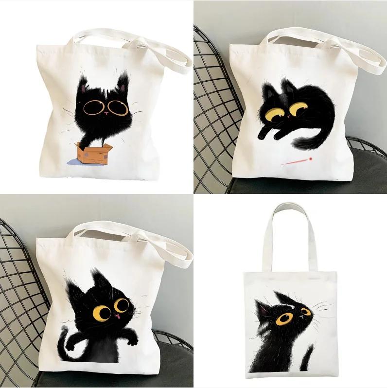 

Black Cat Print Cute and Simple Cartoon Pattern Women's Large Capacity Travel Shopping Casual Single Shoulder Canvas Bag