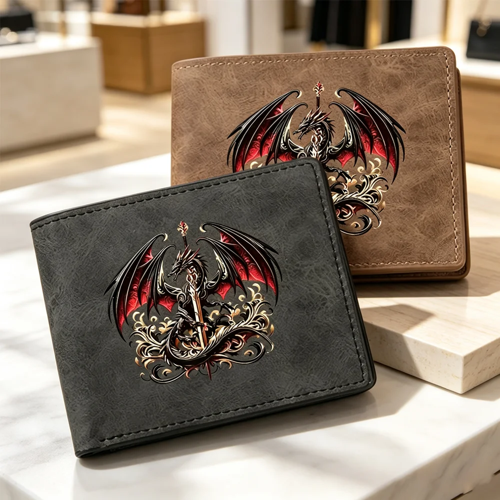 Men's Fashionable PU Leather Double-Fold Wallet with Red Dragon Pattern Sword-Shaped Short Bag Credit Card Holder Universal Scen