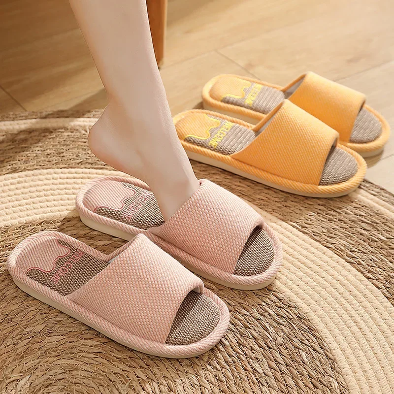 New Linen Slippers Home Women Men Breathable Slides Couples Indoor Non-slip Shoes Summer Sandals Comfortable Flats Soft Shoes