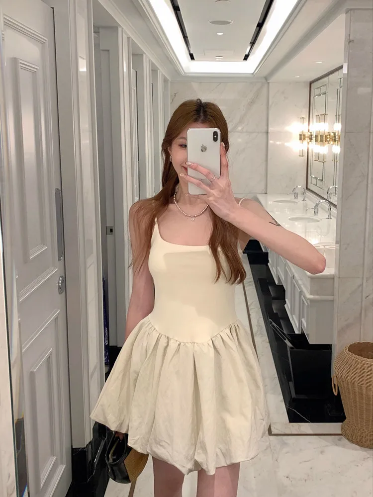 ผู้หญิงฤดูร้อน Party Suspender Bubble Dress Lady Ruched มินิเดรสหญิงคลาสสิกชุดวันเกิด
