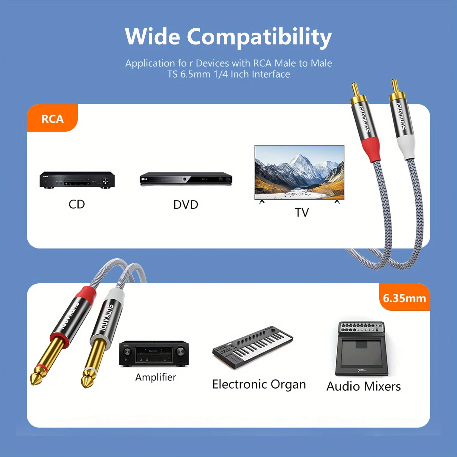 SUNKANDI RCA to 1/4 Cable, Dual 1/4 inch TS to Dual RCA Interconnect Cord for AV Receivers, Speakers, and RCA-Enabled Devices