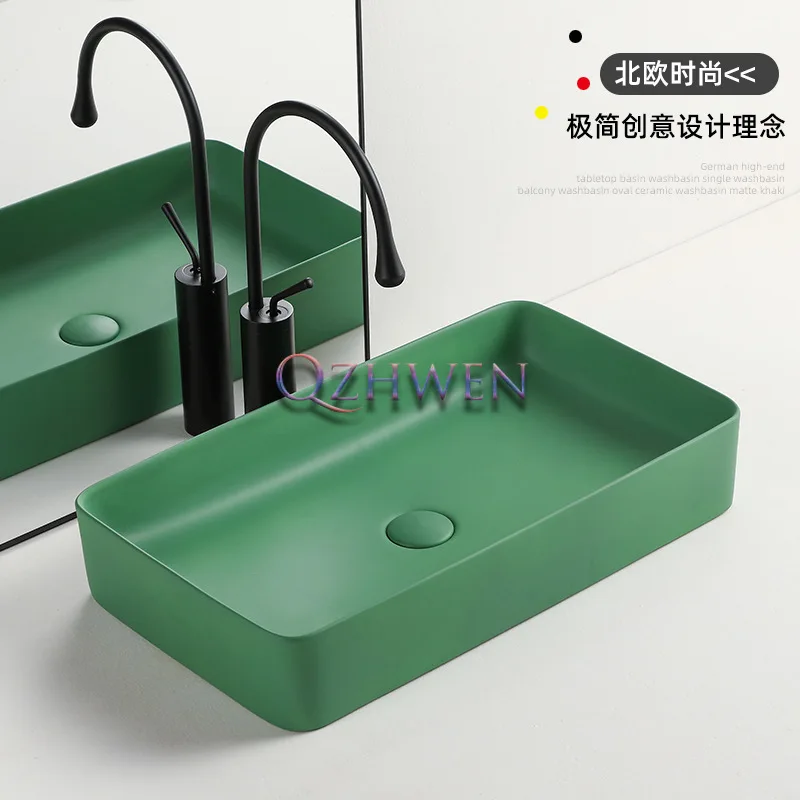 

60/50/48cm Morandi Green Matte Ceramic Washbasin Rectangular Bathroom Sink Hotel Balcony Countertop Art Basin Toilet Vessel Sink