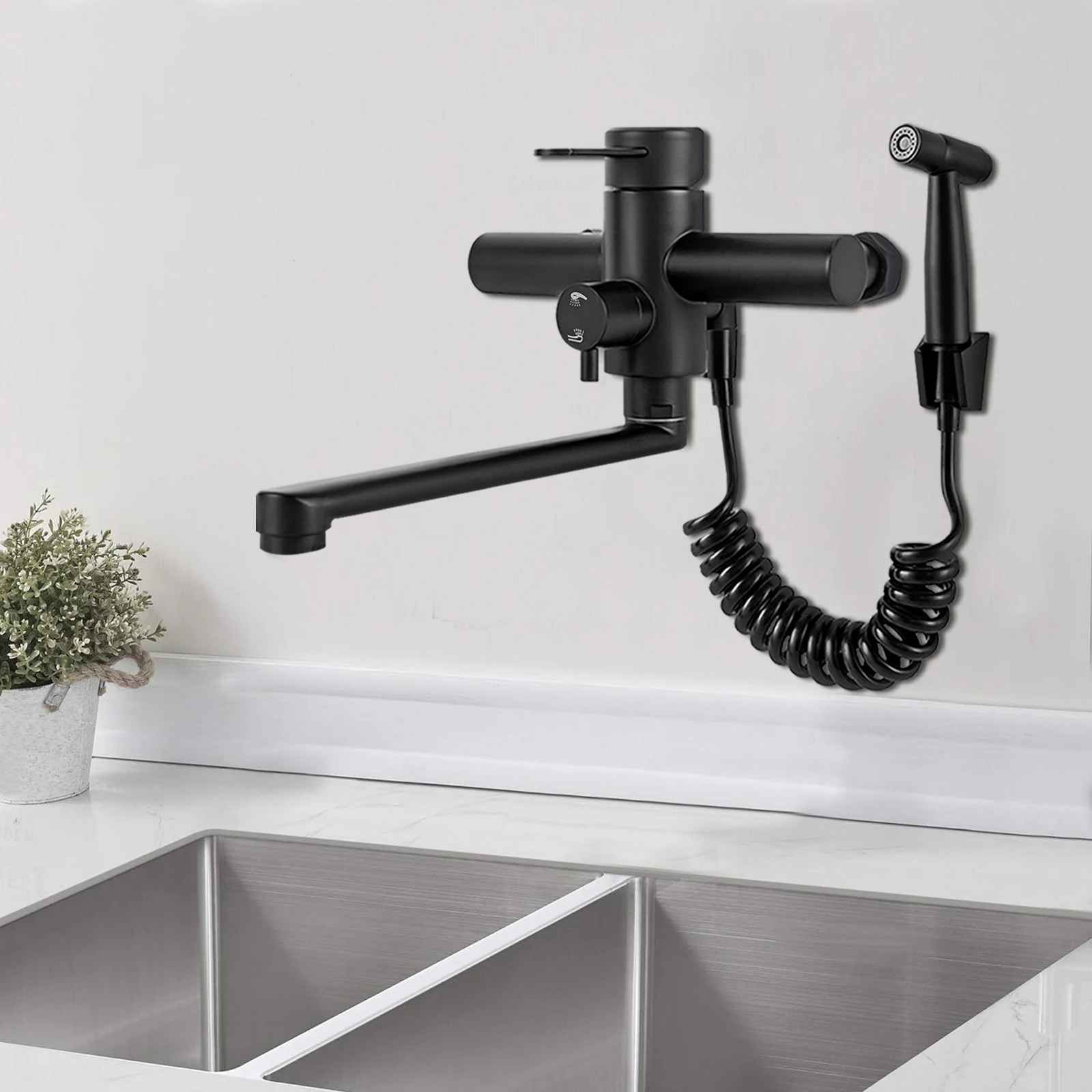 Image of 360 ° Drehbare Küchenarmaturen aus Edelstahl, Wandmontierte Zweiloch-Badezimmer-Waschtischarmatur, Kalt-Warm-Wassermischer mit Sprühfunktion