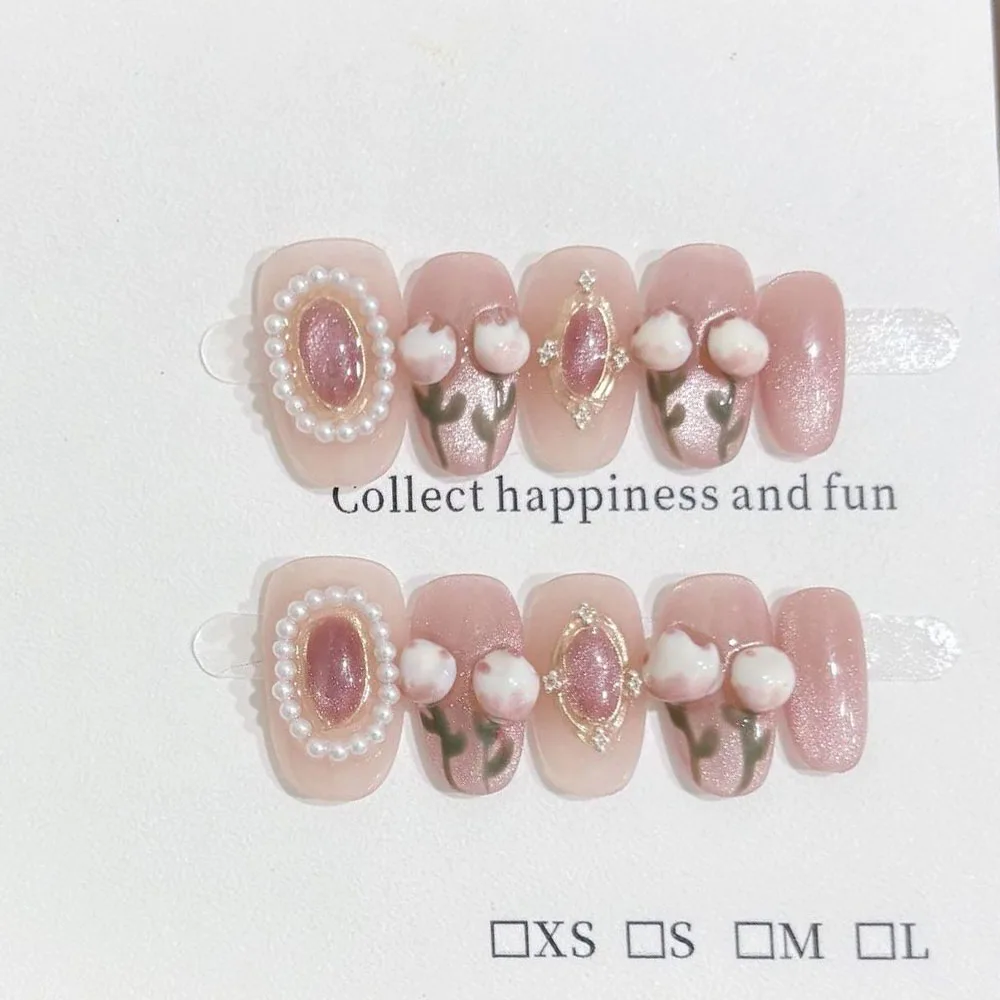 

10pcs Handmade Press on Nails 3D Tulip Pearl Edge Cat's Eye Full Coverage Nail for Women&Girl Short Oval Removable Wearable Nail