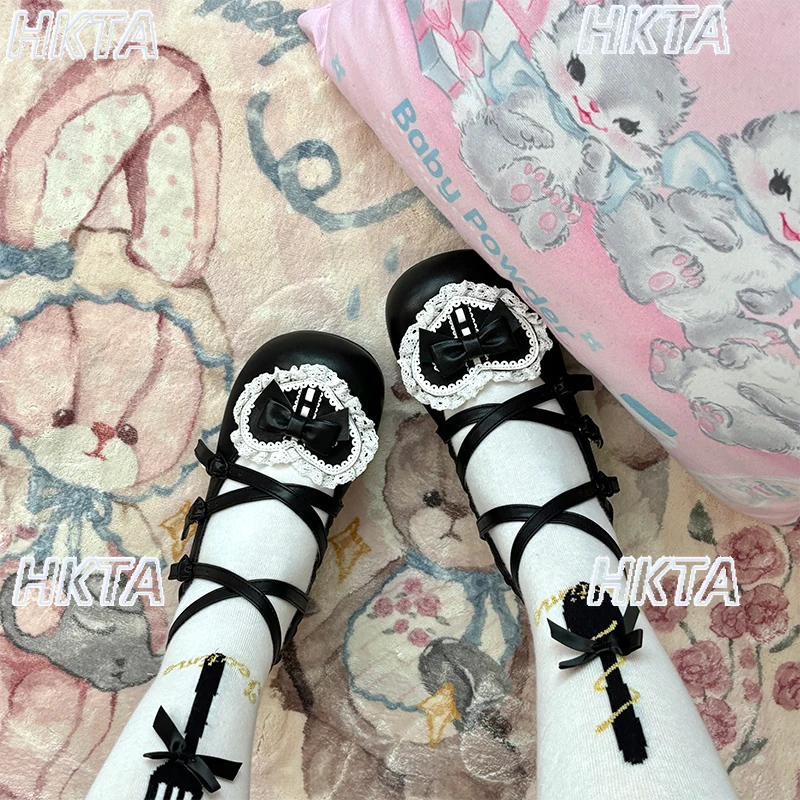 

Japanese Autumn Spring Sweet Round Head Cute Low Heel Pumps Red New Year Shoes Kawaii Cute Lace Stitching Bow Lolita Shoes Women