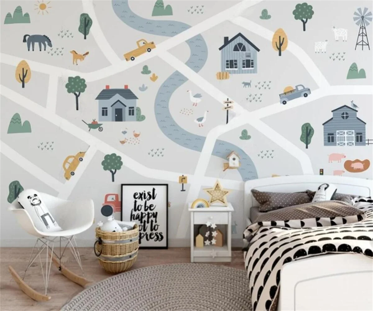 

Custom Any Size 3D Mural Wallpaper Nordic hand-painted cartoon small house road car children's room wallpaper papel de pared