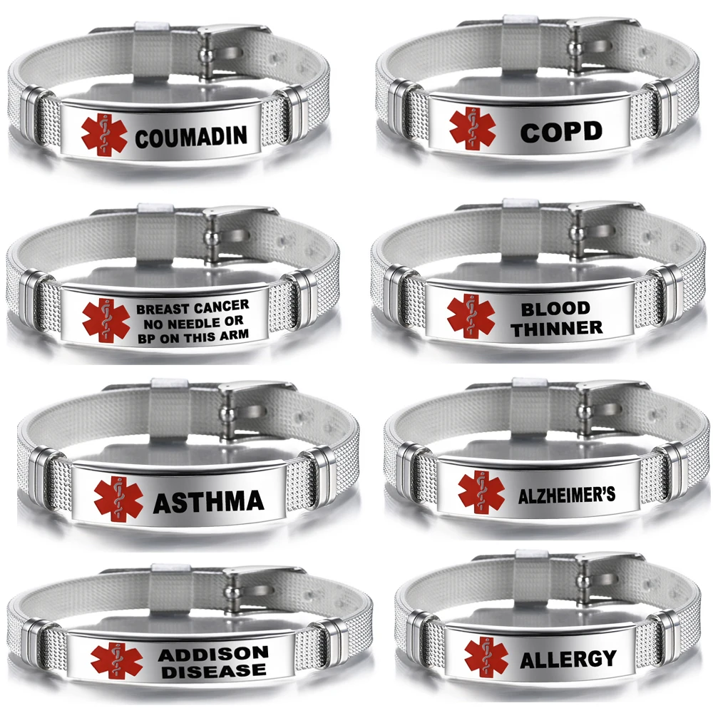 Stainless steel Medical Alert ID Bracelet Emergency First Aid Health Monitoring Laser Engraved djustable Bracelet for Men Women