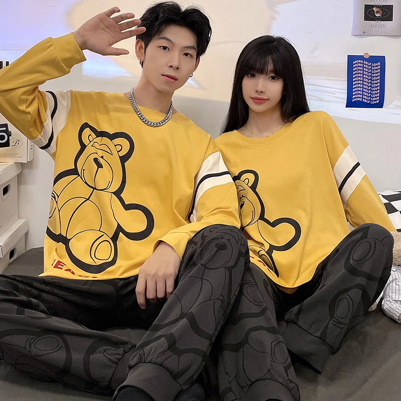 Korean Cotton Long Couple Pajamas Suit Cartoon Print Casual Daily Sleepwear Spring Women 2-piece Set Men Homewear Pyjamas