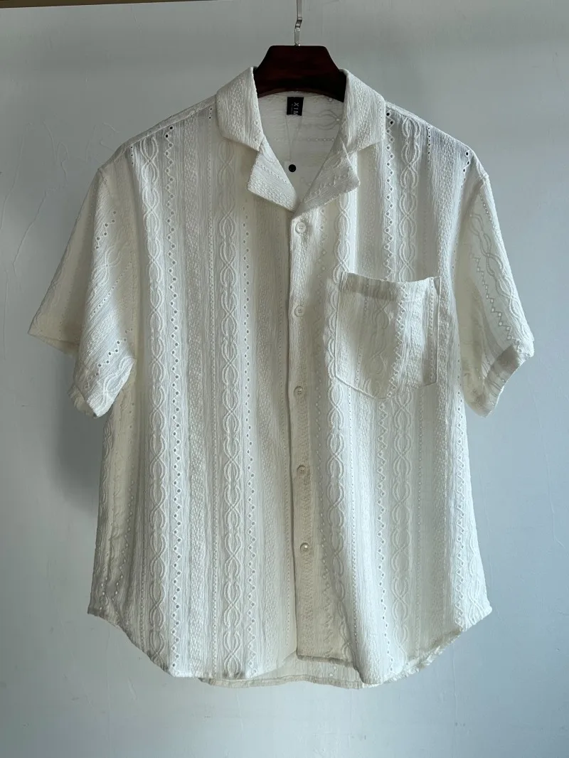 

2025 New American Casual Loose Retro Hollow irt Summer Cuban Knitted ort Sve Men's irt Breathable Comfortable Youth ...