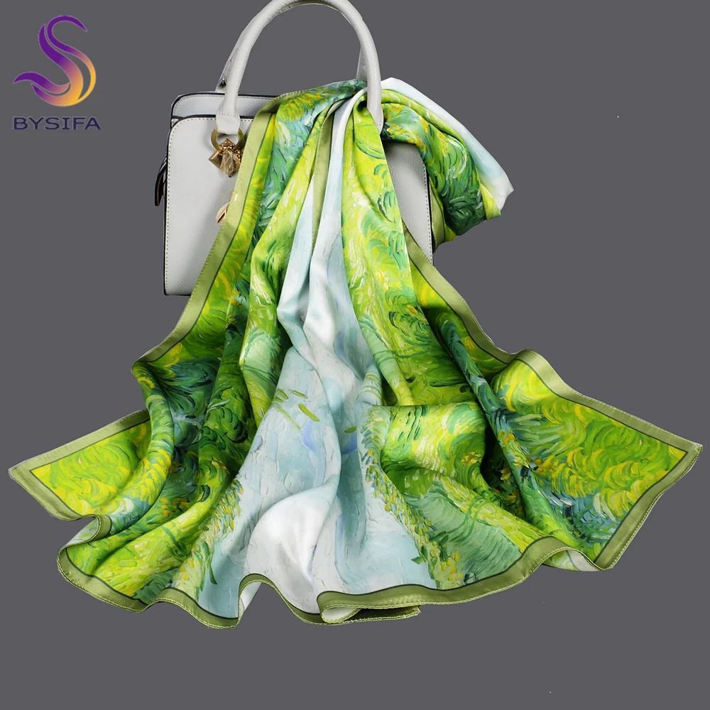 

BYSIFA|Brand Blue Green Silk Scarf Bufanda Women's Fashion New Green Field Design Pure100% Silk Scarf Shawl Echarpe 170*53cm