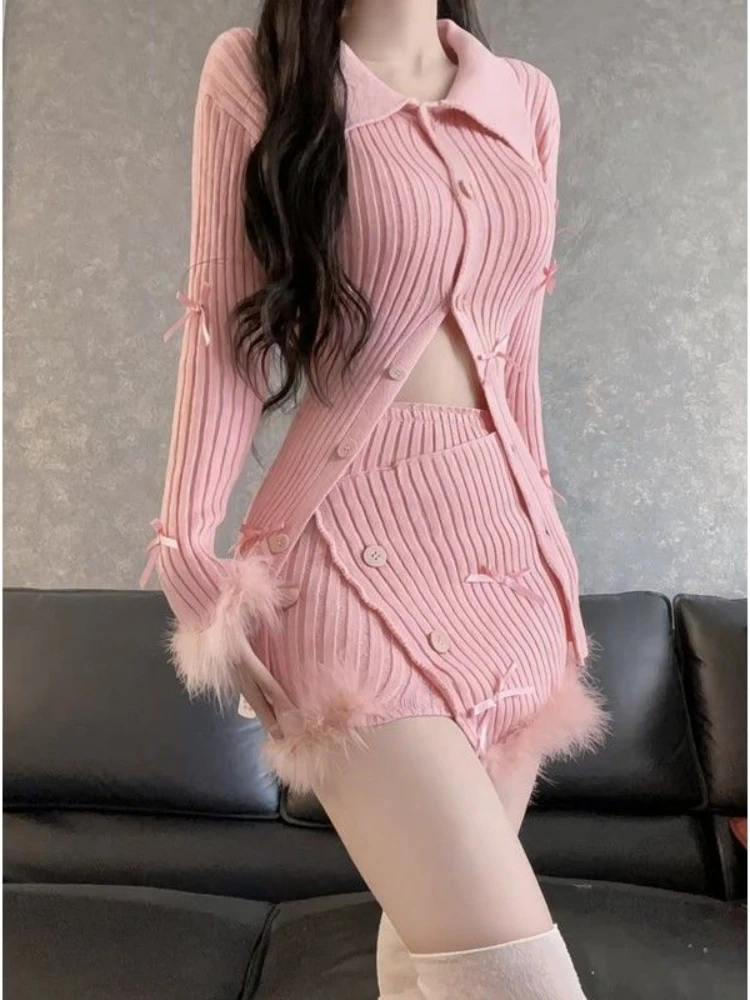 2023 Autumn Pink Knitted Suit Woman Kawaii Elegant Set Korea Fashion Clothing Woman Casual Sweater + Slim Bodycon Y2k Mini Skirt