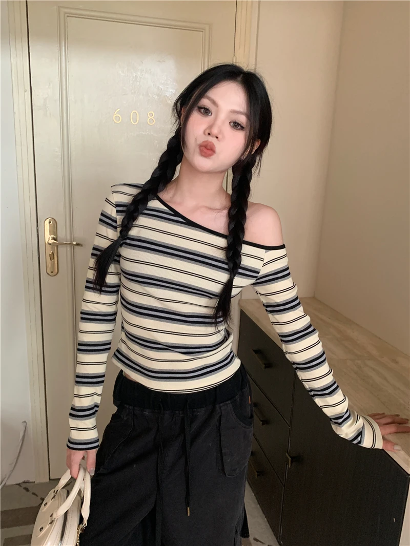 MiiiiX Casual Style Striped Off-shoulder T-Shirts Women's 2024 Autumn Striped Long-sleeved Designed Slimming Top Female Clothes