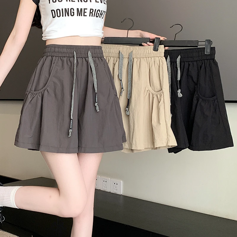 Women Sweet Quick Drying Shorts Summer Casual Solid Color Loose Wide Leg Shorts High Waisted Korean Version Ruffled Pants Skirt