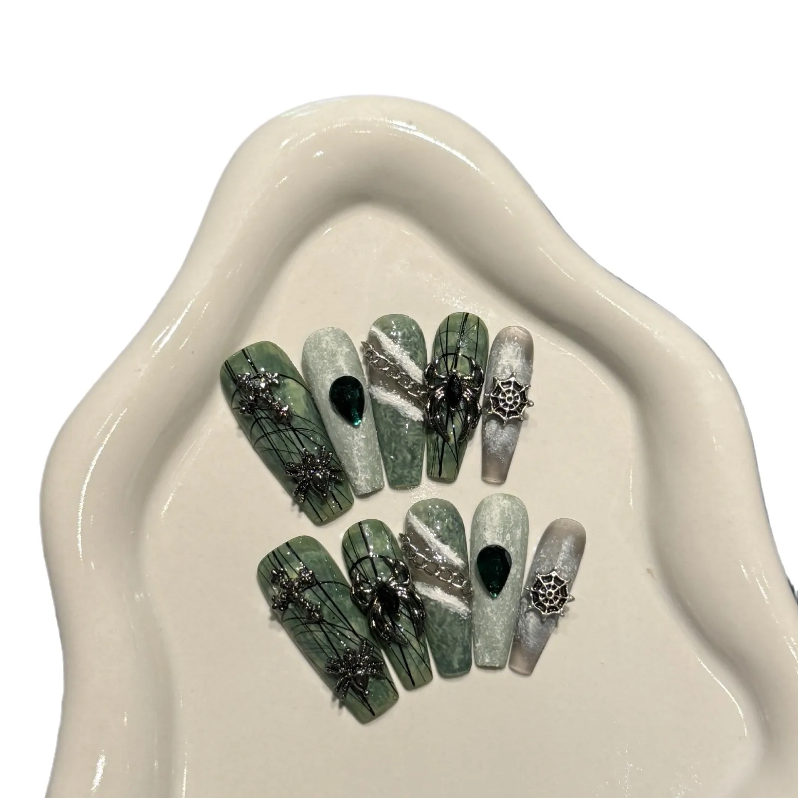 10pcs Handmade Press On Nails Dark Green Stereo Black Spider Web DesignsHollween Fake Nail Y2k Punk Style Long Coffin False Nail