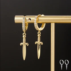 Sword Pendant Hoop Earrings for Women Punk Men Accessories Gold Color Crystal CZ Cartilage Dangle Ear Jewelry Wholesale KBE232