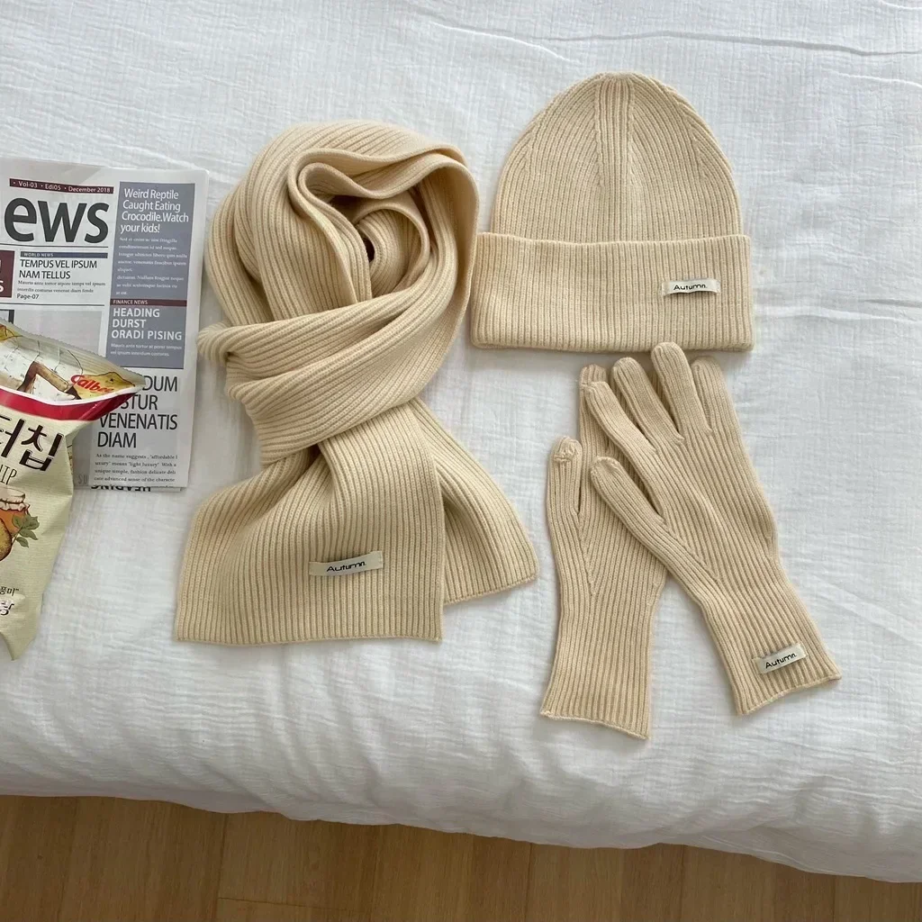 أزياء جميلة 3 قطعة قبعة وقفازات مجموعات النساء الأخضر الأزرق الأحمر المرأة قفازات مجموعة محبوك قبعة وشاح الصلبة الدافئة الخريف الشتاء 2025