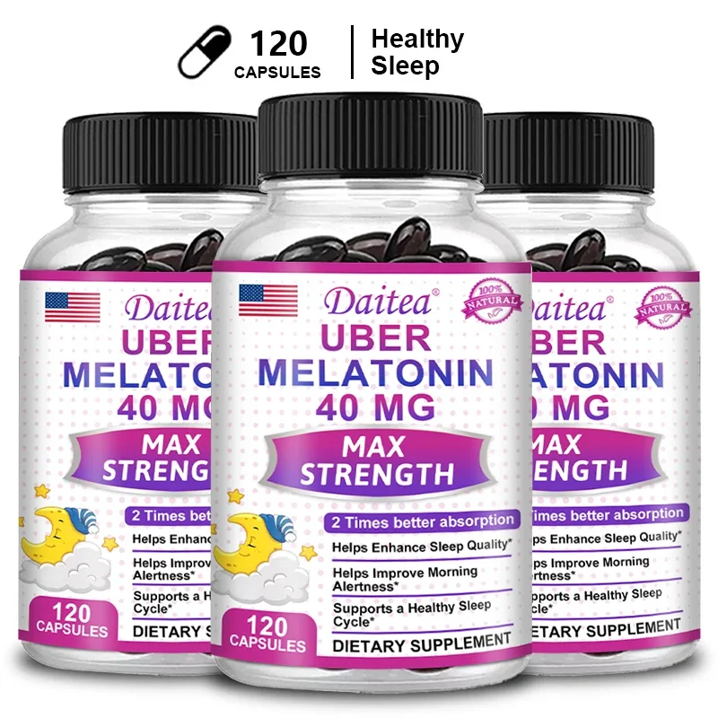 Daitea Melatonin Supplement 40mg Contains Vitamin C Theanine Extract Capsules to Promote Sleep Quality & Alertness Non-GMO