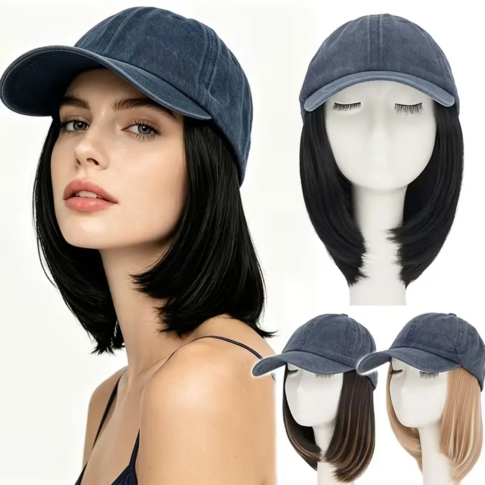 Adjustable Baseball Hat Wig Denim Blue Baseball Cap with Hair Extensions for Women Short Bob Hairstyle Cap with Hair Attached