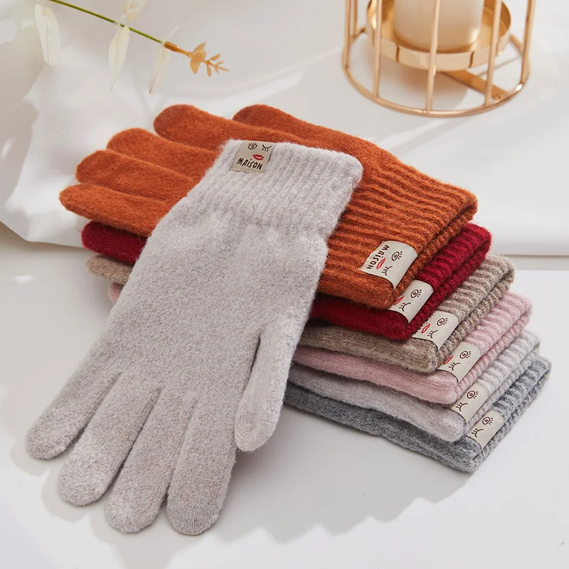 Autumn And Winter Men\'s Women\'s Touch Screen Cold-proof Warm Finger Gloves Korean Version All-match Cycling Knitted Wool Gloves