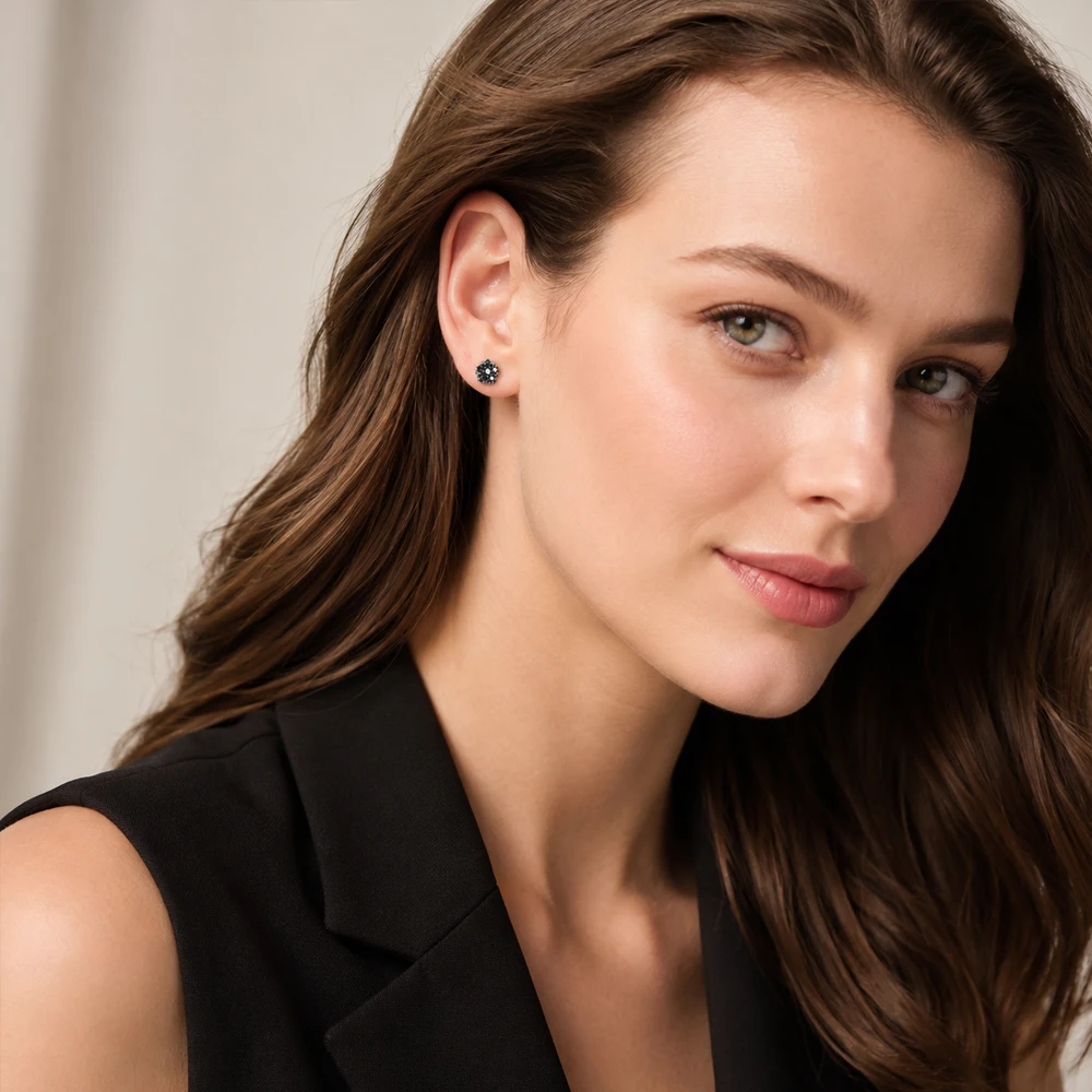 Black  Pentagonal Flower Stud Earrings Europe Style Glam Fine Jewerly For Women Romantic Gift In 925 Sterling Silver